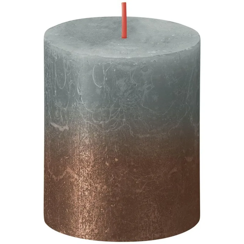 Sviečka Bolsius Rustic, valcová, vianočná Sunset Eucalyptus Green + Copper, 130/68 mm