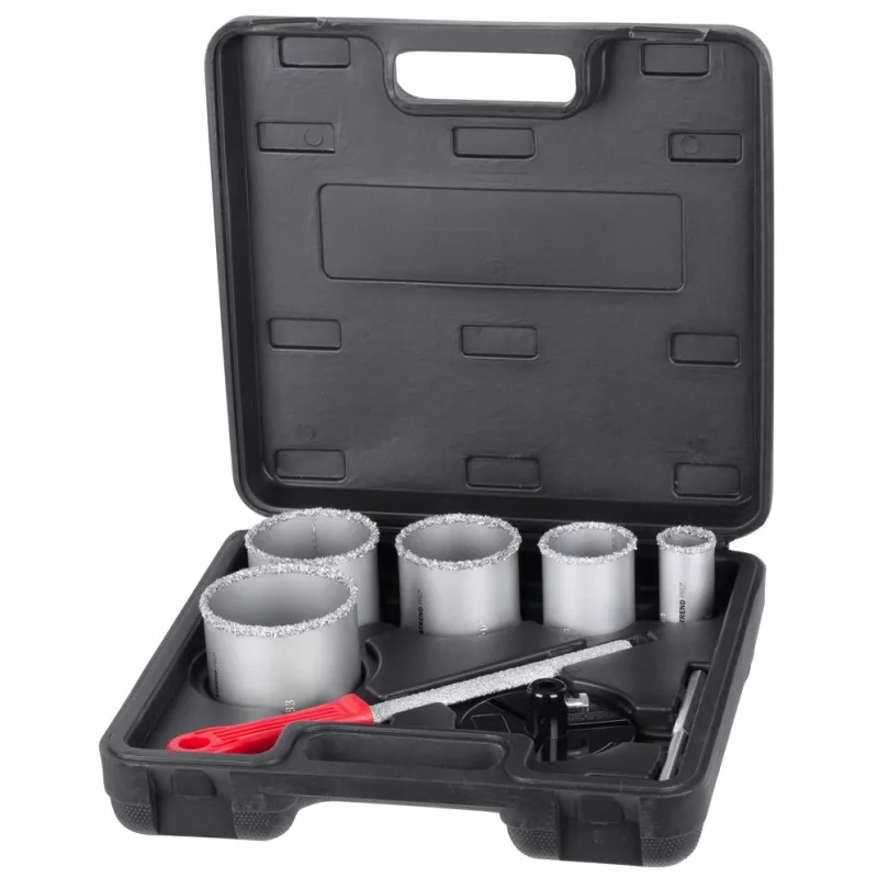 Sada vyrezávačov s unášačom HT01-6008, 33-53-67-73-83 mm, diamantové korunky s pilníkom