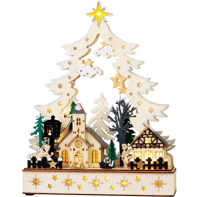 Dekorácia MagicHome Vianoce, dedinka, plast, 12xLED teplá biela, 25x7.5x32 cm, 2xAA