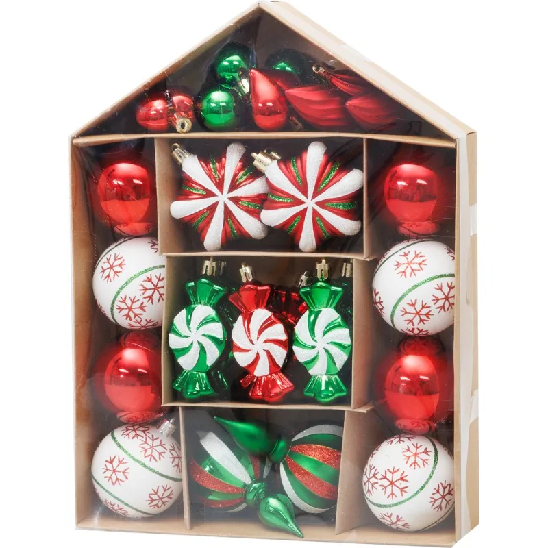 Súprava 32 vianočných ozdôb na stromček, červené, zelené, biele