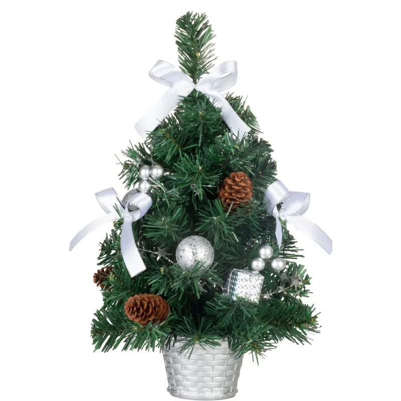 Vianočný stromček ozdobený, strieborný, mašľa, 40 cm