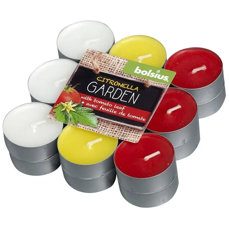 Čajové sviečky Bolsius Tealight Citronella, repelentné, mix farieb, paradajka, balenie 18 ks
