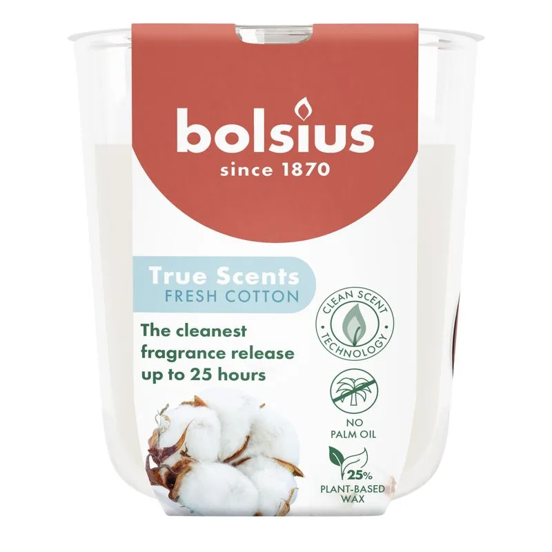 Sviečka v skle Bolsius True Scents, čerstvá bavlna, 80×73 mm