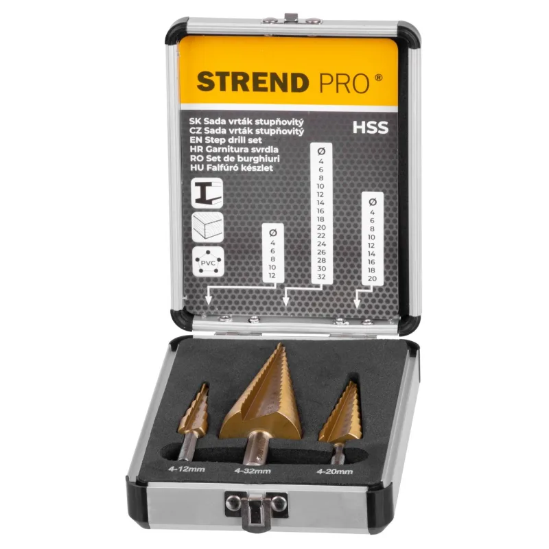 Sada stupňovitých vrtákov Strend Pro – 3 ks, HSS, TiN povrch