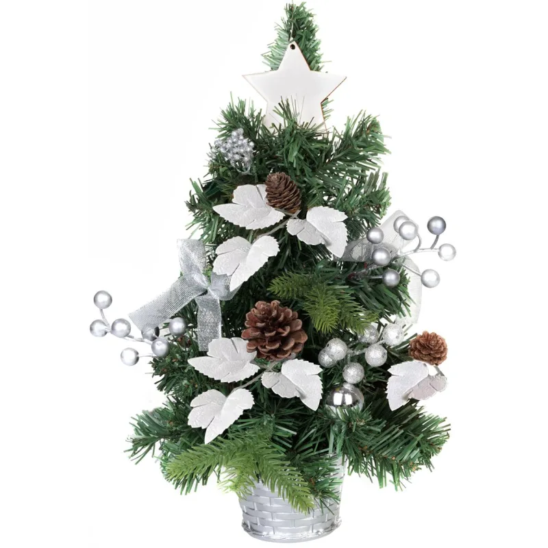 Vianočný stromček ozdobený, strieborný, s listami, 40 cm