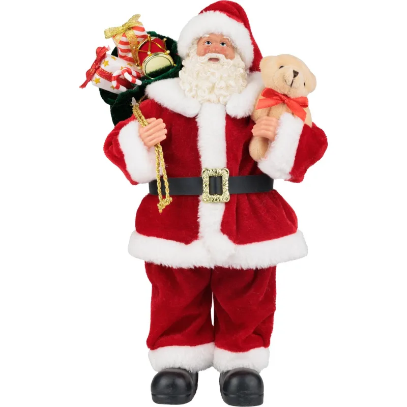 Vianočná dekorácia Santa s darčekmi a medvedíkom, červený, 30 cm