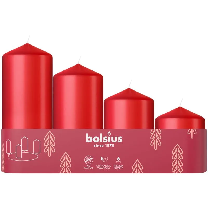 Sviečky Bolsius Pillar Advent, červené, 60/80/100/120×48 mm, 4 ks