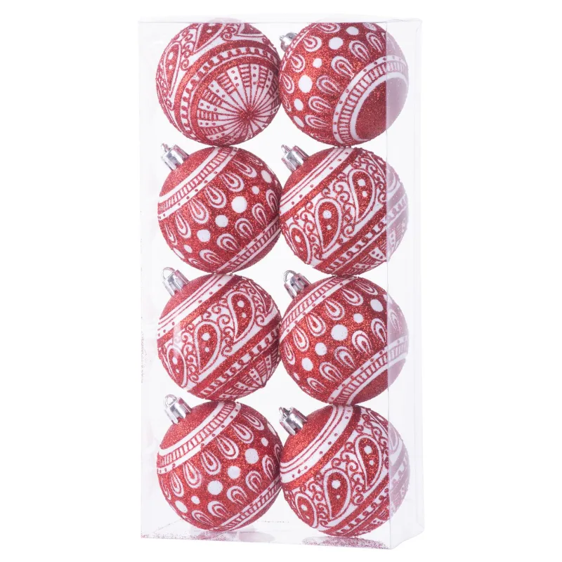 Vianočné ozdoby na stromček 8 ks, 6 cm, červené s bielym ornamentom