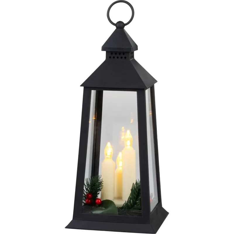 Vianočný lampáš plast, čierny, 3xLED žltá, 14x14x35 cm, 3xAAA