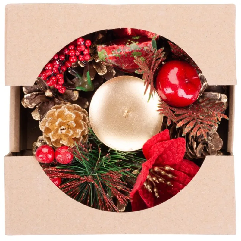 Vianočný svietnik MagicHome, prírodný s čečinou a kvetom, 15 cm