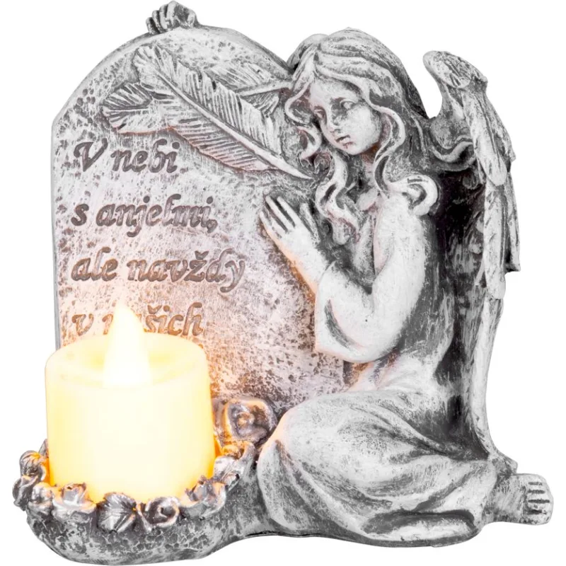 Dekorácia na hrob Anjel so sviečkou, LED, polyresin, 12x8x12 cm