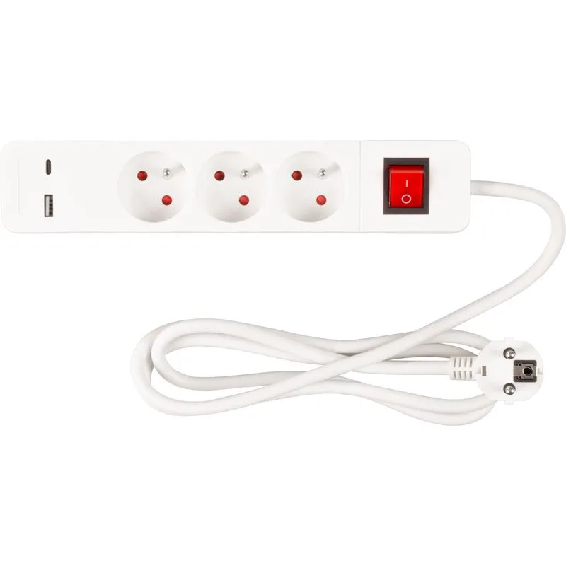 Predlžovací kábel LG-FB603K, 1,4 m, 3× zásuvka + vypínač, USB A/C