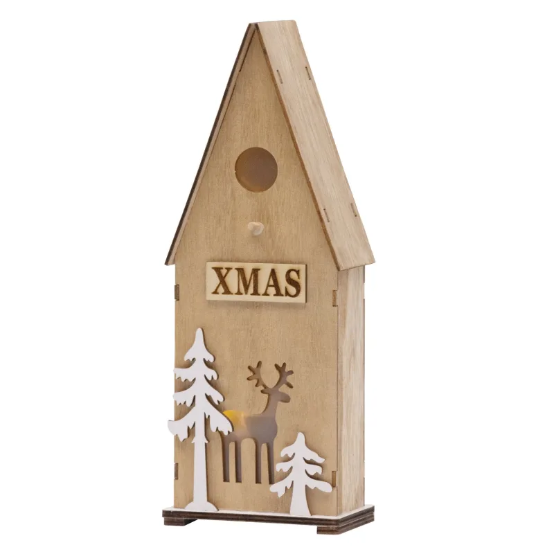 Vianočná dekorácia z dreva Vtáčia búdka, 3x LED, 12x7x32 cm