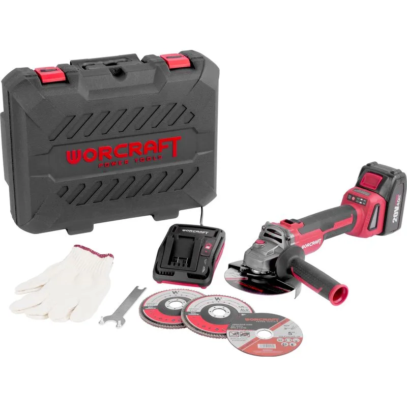 Brúska Worcraft CAG-S20LiBH 125 mm, kufrík, s batériou a nabíjačkou, uhlová, 20V, 1x Li-ion, bezuhlíková