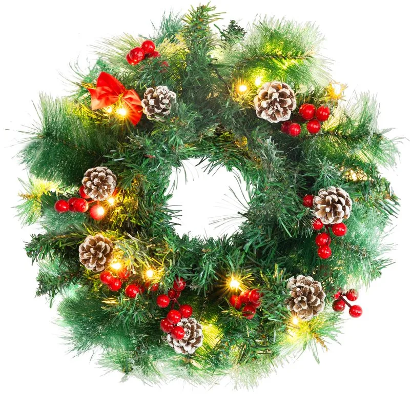 Veniec na dvere MagicHome, prírodný, šišky, 20 LED, 30 cm