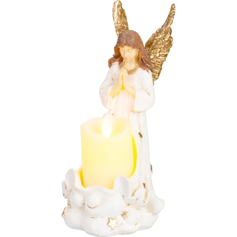 Dekorácia na hrob Anjel so sviečkou, LED, polyresin, 10,5x14x20 cm