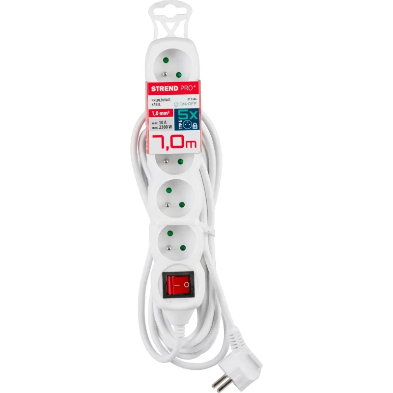 Predlžovací kábel DG-F805BK 7 m, biely, 5 zásuviek + vypínač