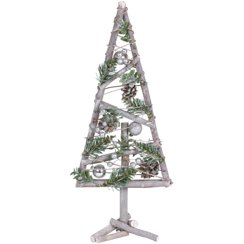 Vianočná dekorácia Stromček drevený so striebornými guľami, 47 cm