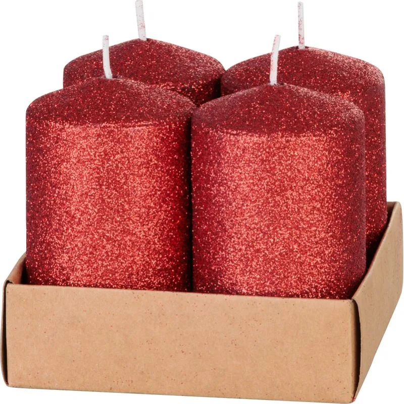 Adventné sviečky MagicHome, 4,8×8 cm, červené, trblietavé, sada 4 ks