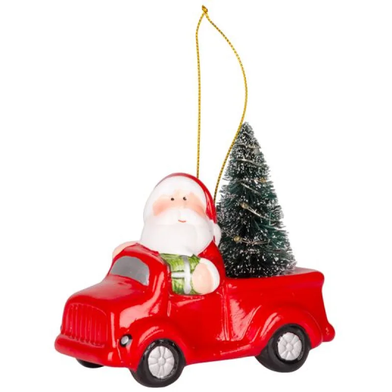 Vianočná dekorácia Santa v aute, LED, terakota, 12,5x6x11,8 cm
