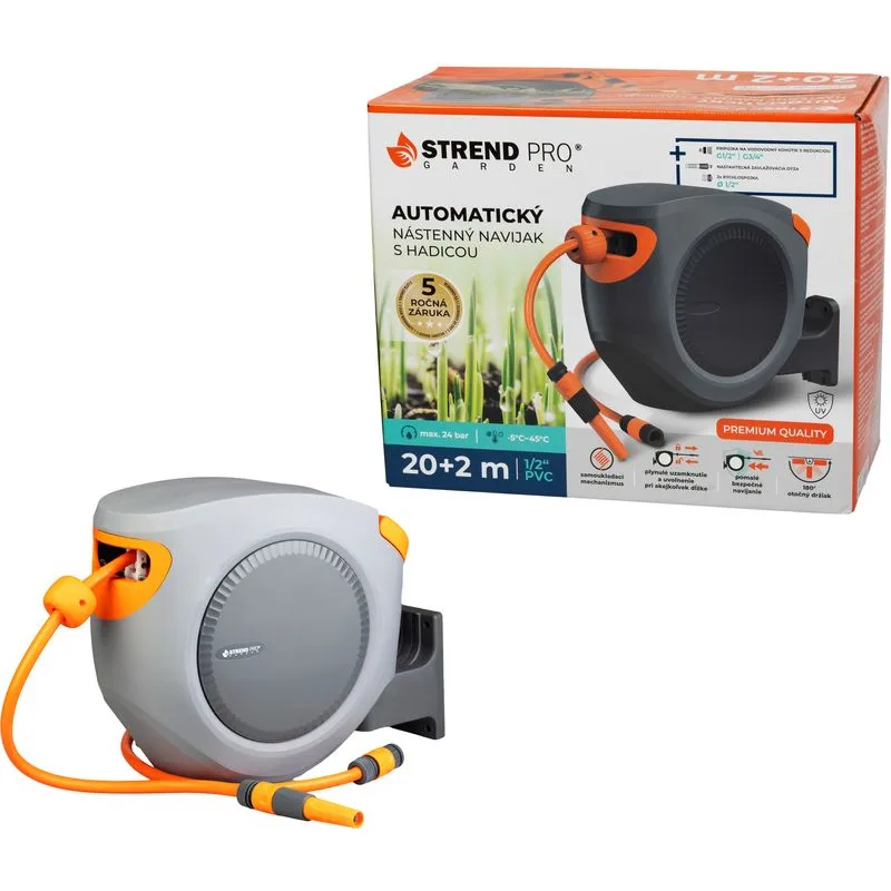 Navíjač na stenu, automatický Premium 1/2", so záhradnou hadicou L-20+2 m