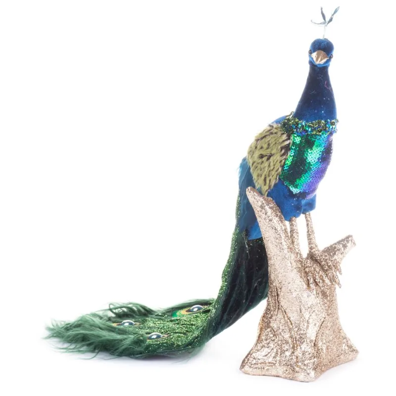 Vianočná dekorácia Páv, modrý, páperový, 24x12x32 cm