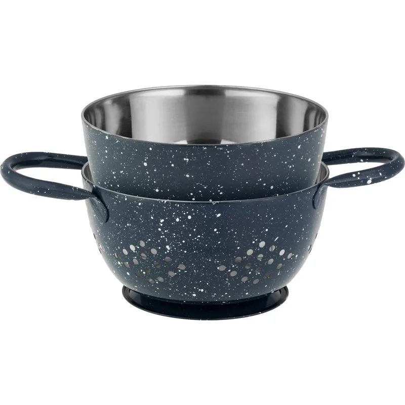 Cedník s misou MagicHome, 15,5 cm, s rúčkou, okrúhle otvory, nerez, sada 2 ks