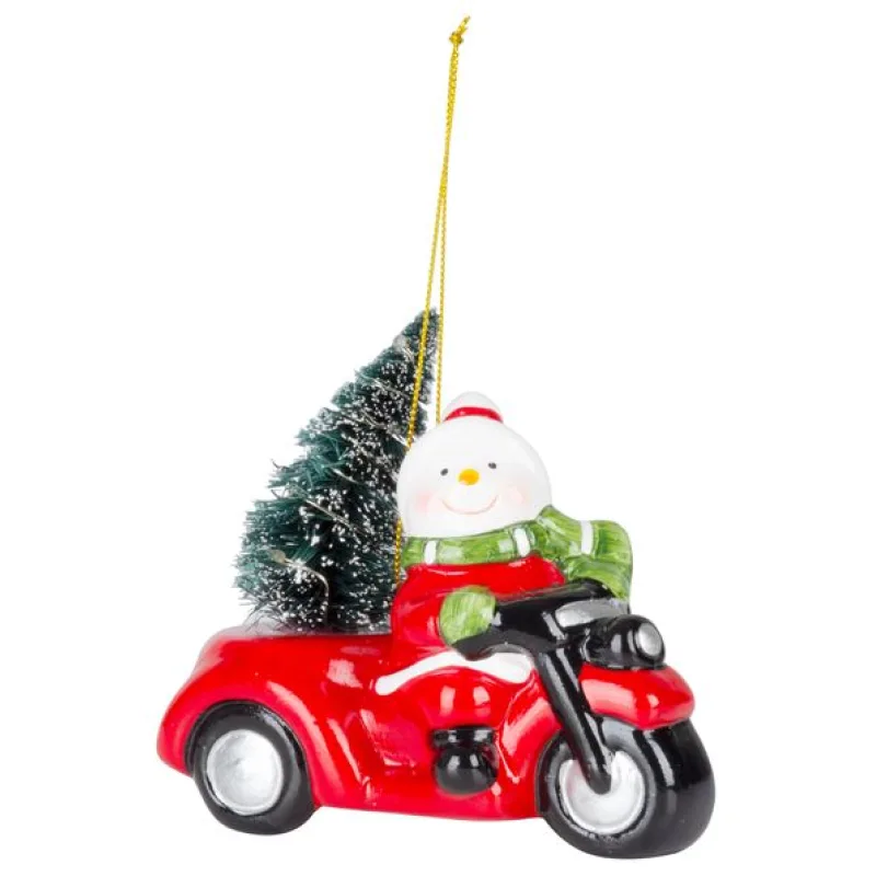 Vianočná dekorácia Snehuliak v aute, LED, terakota, 11,8 cm