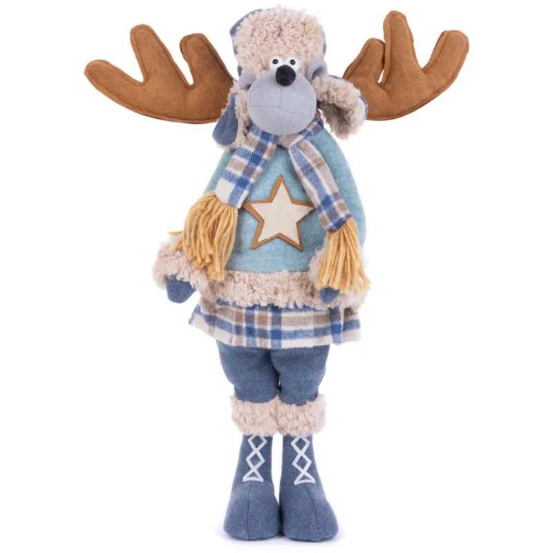 Vianočná dekorácia Sob dievčatko v modrom svetri, látkový, 55 cm