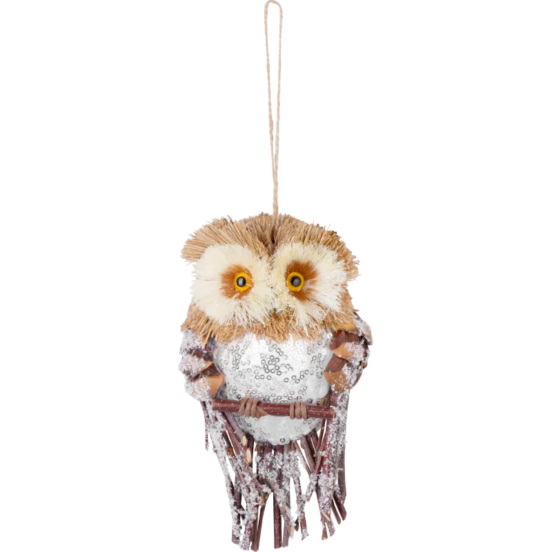 Vianočná dekorácia Sova hnedá, zasnežená, 19x11x5 cm