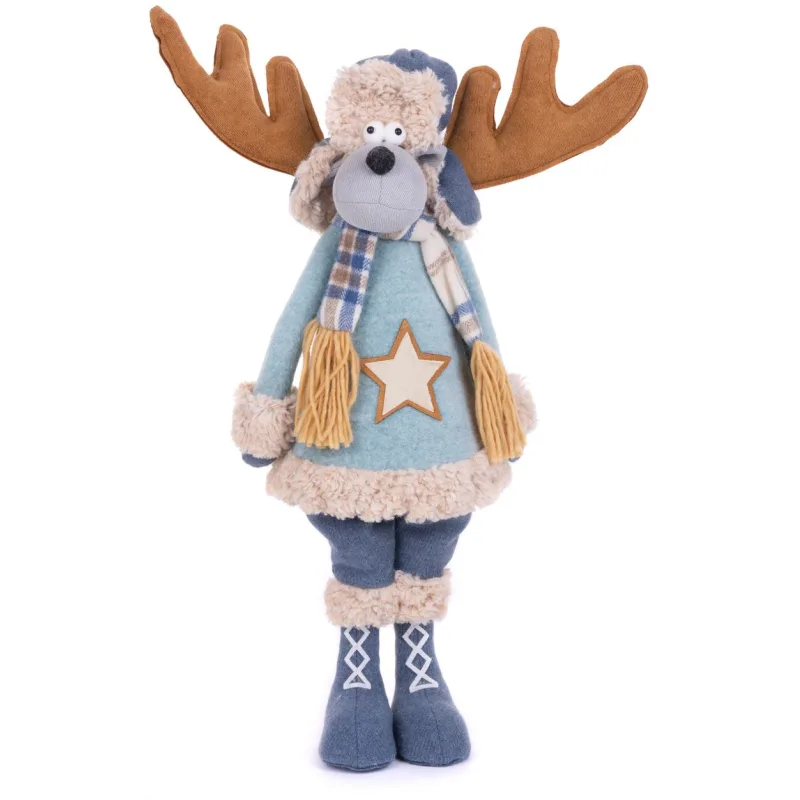 Vianočná dekorácia Sob chlapček v modrom svetri, látkový, 55 cm