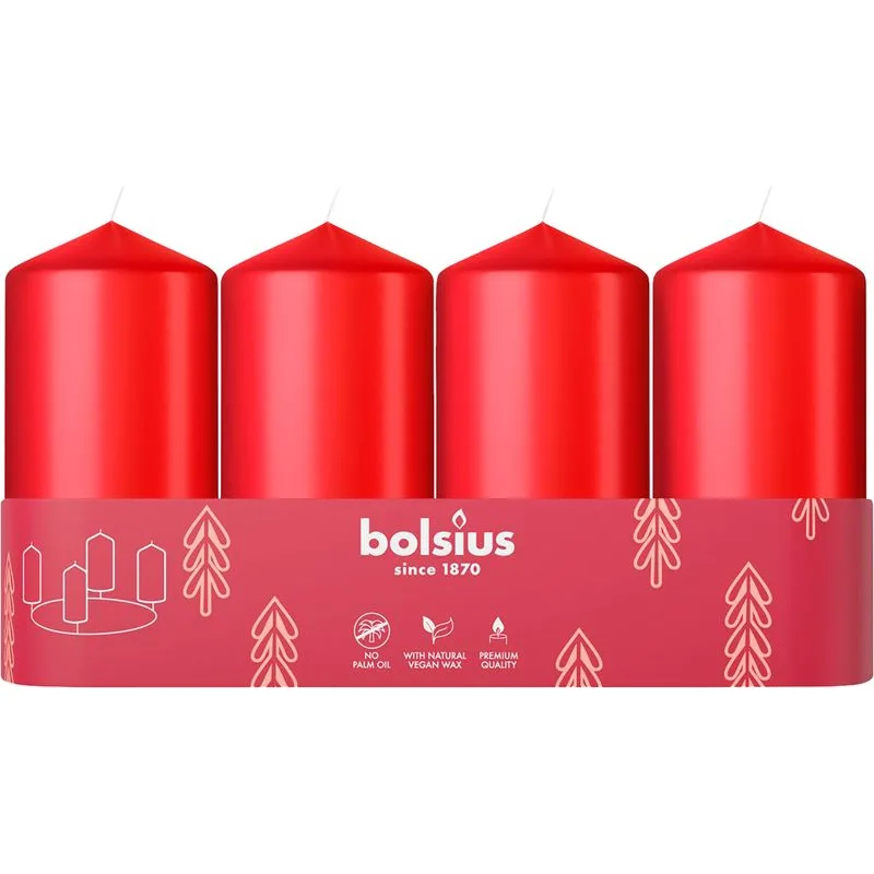 Adventné sviečky Bolsius Pillar, červené, 48x100 mm, 4 ks
