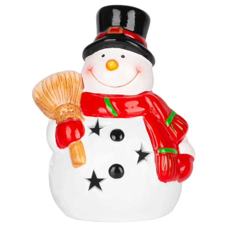 Vianočná dekorácia Usmiaty snehuliak, LED, terakota, 12,5 cm