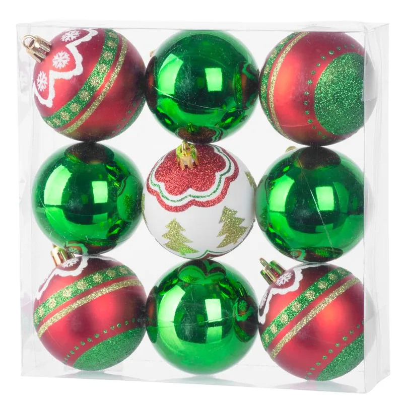 Vianočné gule na stromček 9 ks, červeno-zelené, s dekoráciou, 6 cm