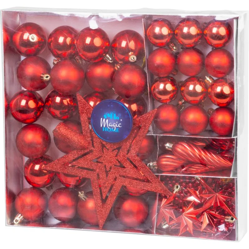 Vianočné ozdoby na stromček sada, 50 ks, 4-5 cm, červené, hviezda, girlanda, šiška