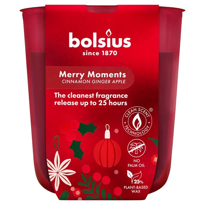 Sviečka v skle Bolsius True Glow, 80×73 mm, jablko/škorica