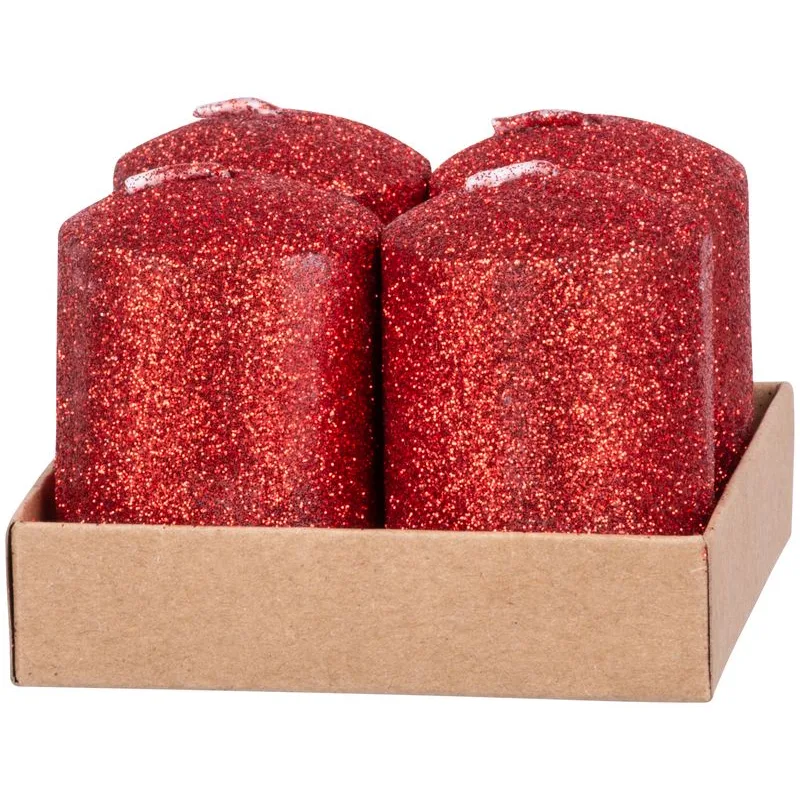 Adventné sviečky MagicHome, 4×6 cm, červené, s glitrami, balenie 4 ks