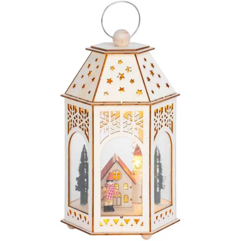 Vianočný lampáš Drevená dedinka, 9 LED, teplá biela, 30 cm