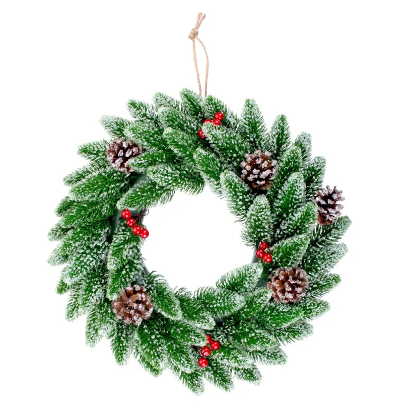 Veniec na dvere MagicHome, prírodný zasnežený s bobuľkami, 33 cm