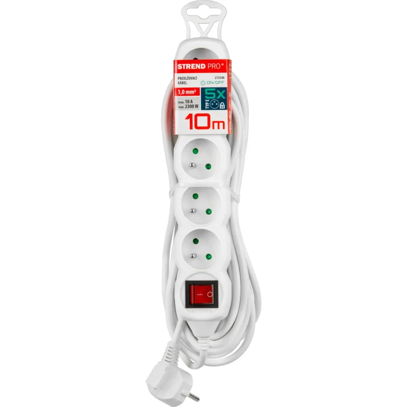 Predlžovací kábel DG-F805BK 10 m, biely, 5 zásuviek + vypínač