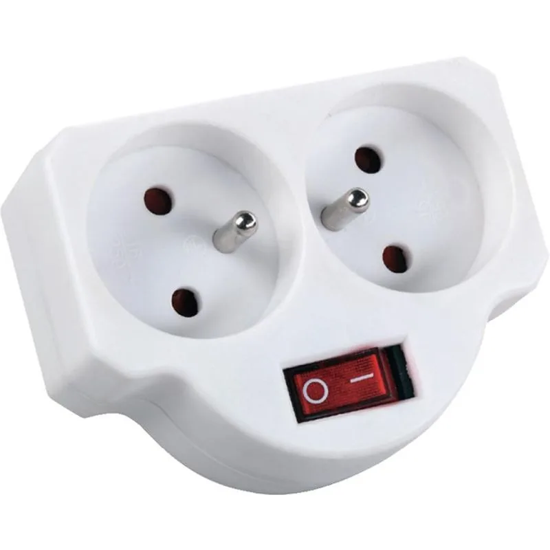 Zásuvka rozbočovacia, biela, 2× 2P + PE, rozdvojka s vypínačom