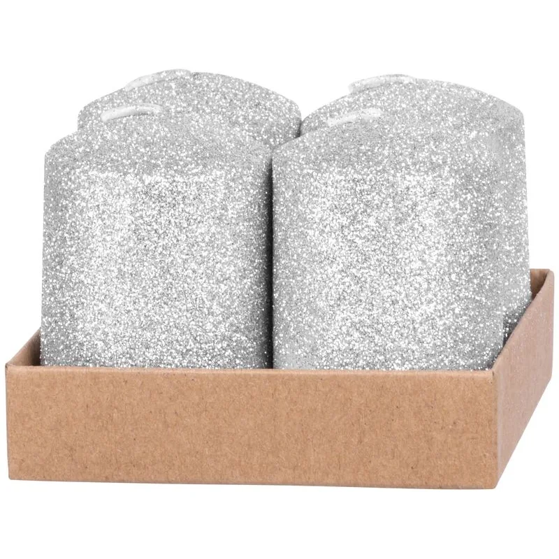 Adventné sviečky MagicHome, 4×6 cm, strieborné, s glitrami, balenie 4 ks