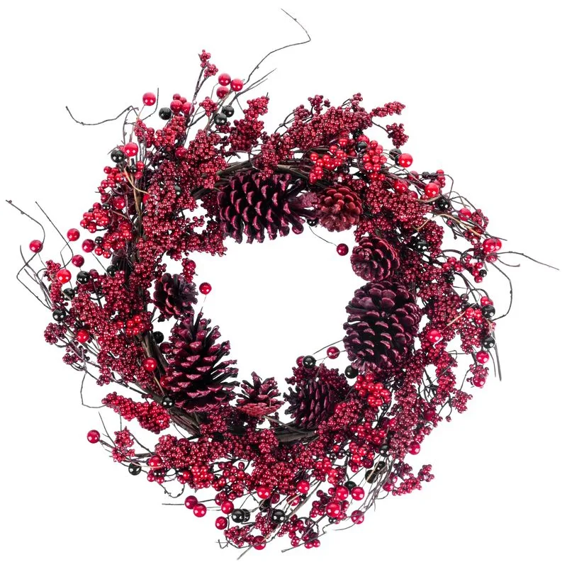 Veniec na dvere MagicHome, prútený s čečinou, červený, 60 cm