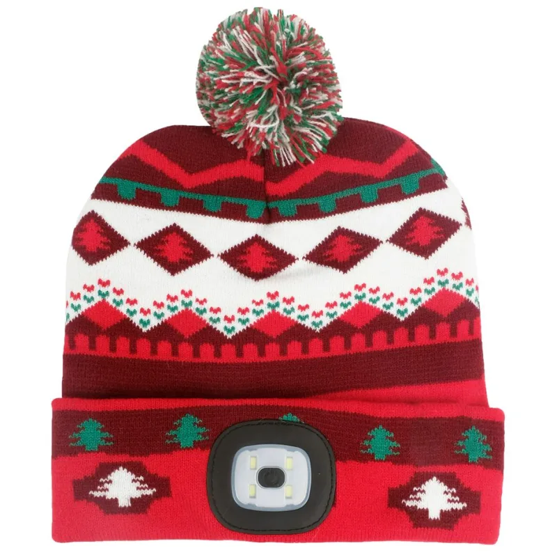 Čiapka s LED svetlom X-mas červeno-hnedá, L, 4x SMD LED, USB nabíjanie