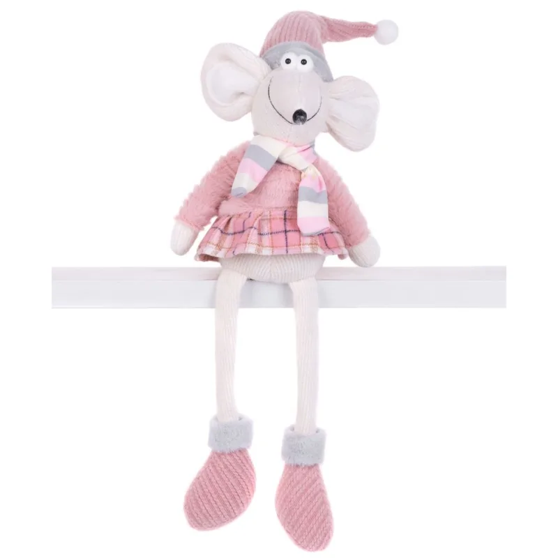 Vianočná dekorácia Myš dievčatko s dlhými nohami, ružová, látková, 69 cm