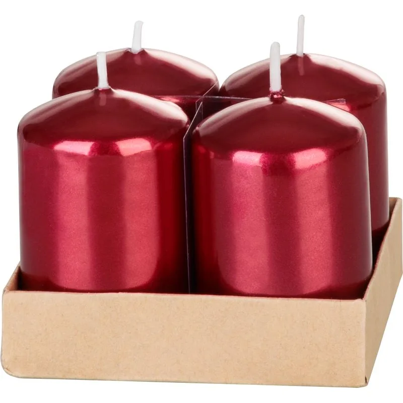 Adventné sviečky MagicHome, 4×6 cm, červené, metalický efekt, sada 4 ks