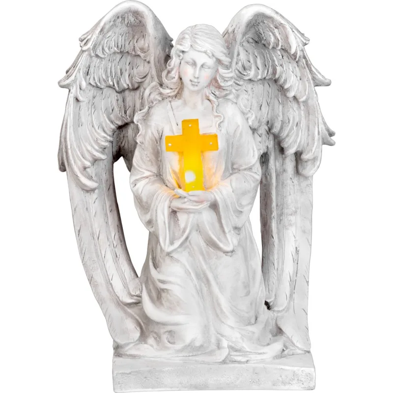 Dekorácia na hrob Anjel s krížom, LED, polyresin, solar, 23,5x19,5x30,5 cm