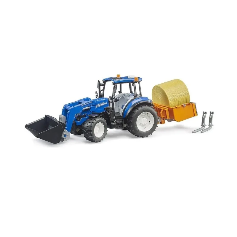 Bruder 2187 Traktor New Holland T5.120 s čelným nakladačom, korbou, vidlami a okrúhlym balíkom