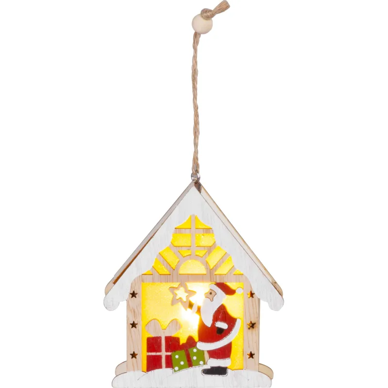 Vianočná dekorácia Santa v domčeku, LED, závesná, 9x10,4 cm