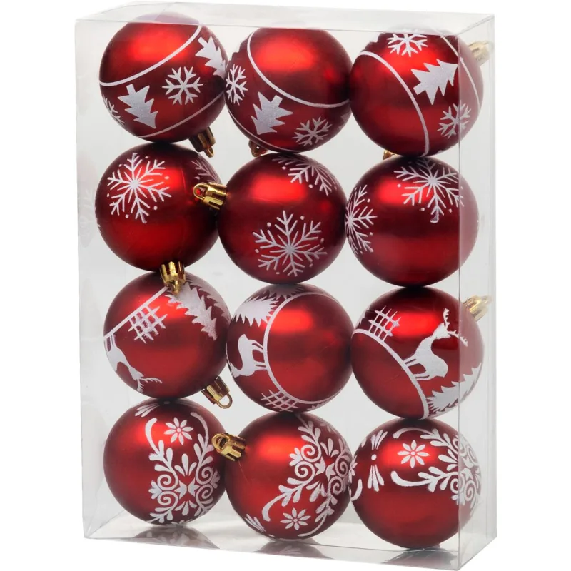 Vianočné gule MagicHome 12 ks, 6 cm, červené s bielym ornamentom